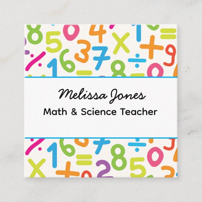 School Colourful Numbers Math Teacher  Square Business Card (Front)