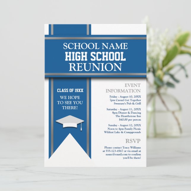 School Colours Banner Custom Class Reunion Invitation (Standing Front)