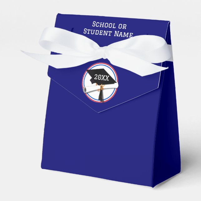 School Colours Blue & Red Grad Cap Graduation Favour Box (Front Side)