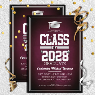 School Colours Burgundy   Silver Graduation Party  Invitation