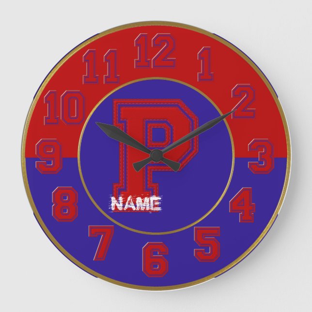 School Colours Clock, Red & Blue Letter P Large Clock (Front)