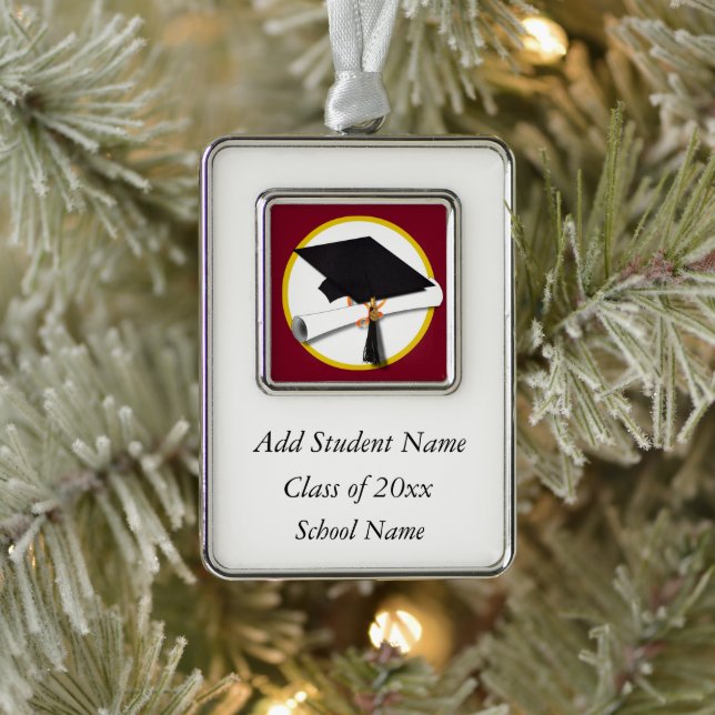 School Colours Graduation Cap & Diploma Silver Plated Framed Ornament (Tree)