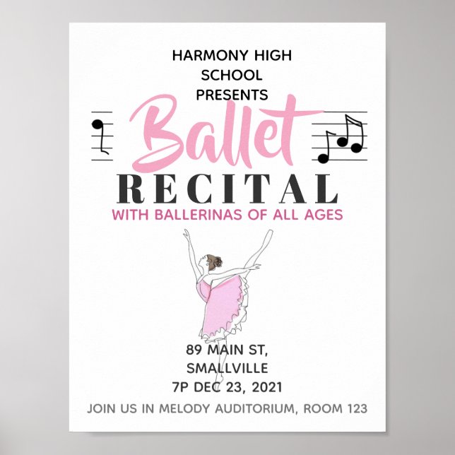 School Dance Ballet Recital Ballerina Pink   Poster (Front)