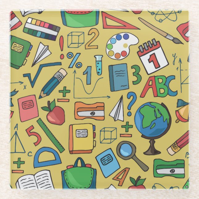 School Days: Vintage Supplies Pattern Glass Coaster (Front)