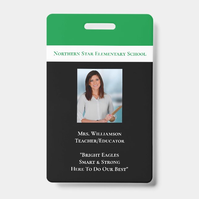 School Employee Green Staff Photo Id Teacher Badge (Front)