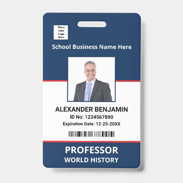 School Employee Photo Bar Code Name Custom   ID Badge (Front)