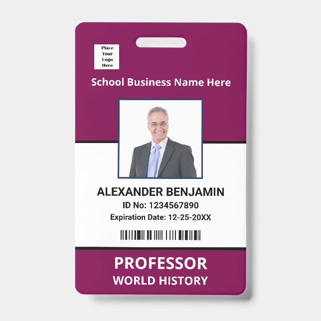School Employee Photo Bar Code Name Custom   ID Badge (Front)