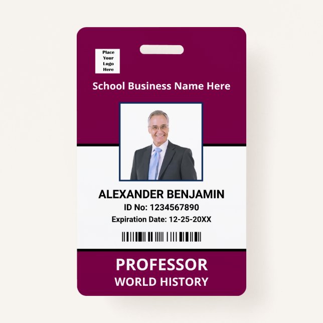 School Employee Photo Bar Code Name Custom   ID Badge (Front)