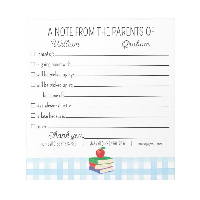 School Excuse Parent Notepad From The Parents Of (Front)