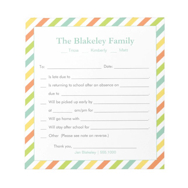 School Excuse Personalised, Rainbow Stripes Notepad (Front)