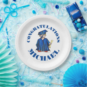 School Graduation Blue Cap Gown Diploma Graduate Paper Plate