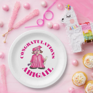 School Graduation Pink Cap Gown Diploma Graduate Paper Plate