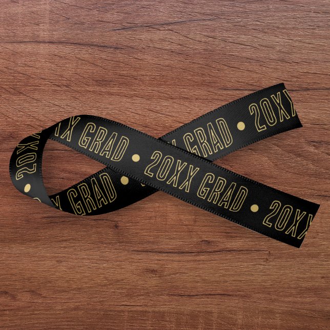 School Graduation Year Pattern Black & Gold  Satin Ribbon (Creator Uploaded)