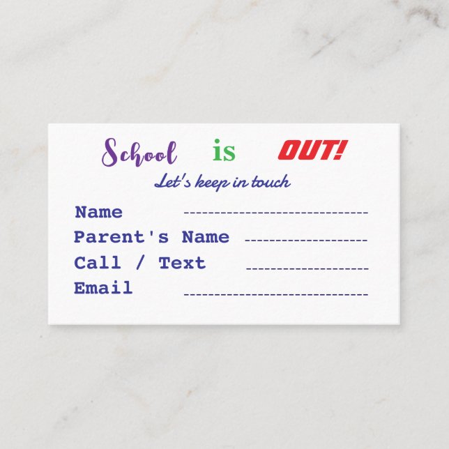 School is out kids business card (Front)