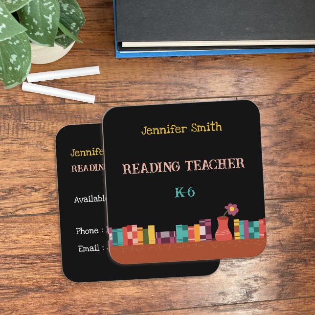 School Librarian Black Contact Cards with Books (Business cards on desk)