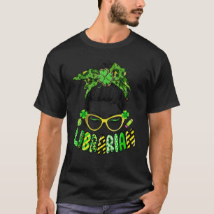 School Librarian Messy Bun Hair Shamrock St Patric T-Shirt