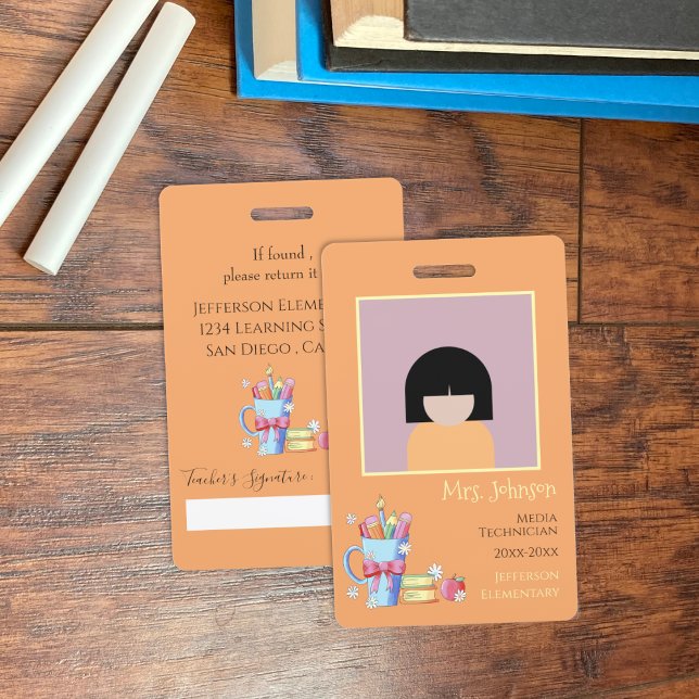 School Librarian Orange Vertical Photo ID Badge (School librarian orange vertical photo ID employee badge .)