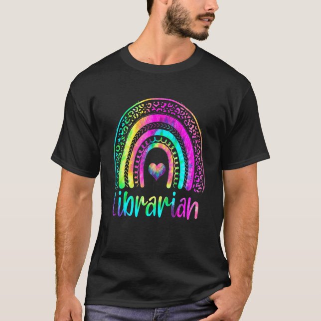 School Librarian Rainbow Leopard Tie Dye Librarian T-Shirt (Front)
