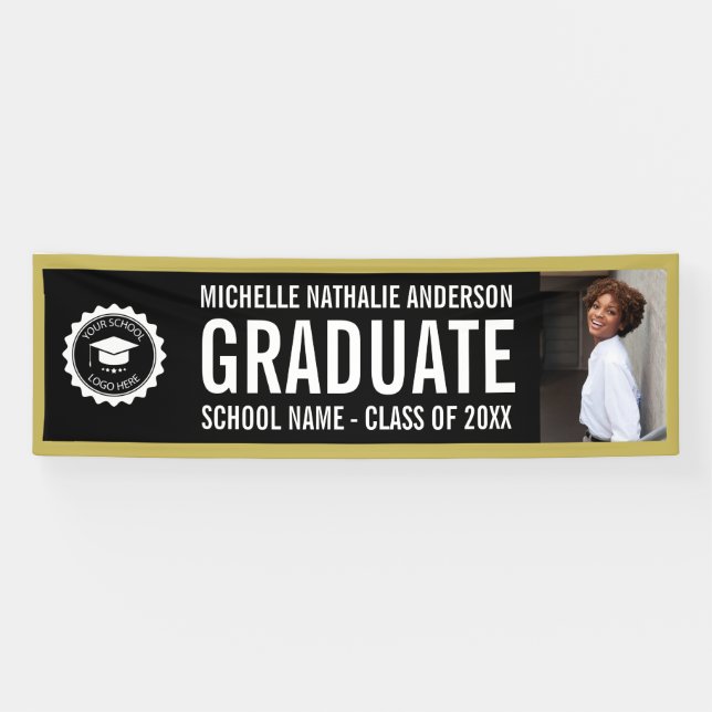 School logo Graduation Photo Party Black Gold Banner (Horizontal)