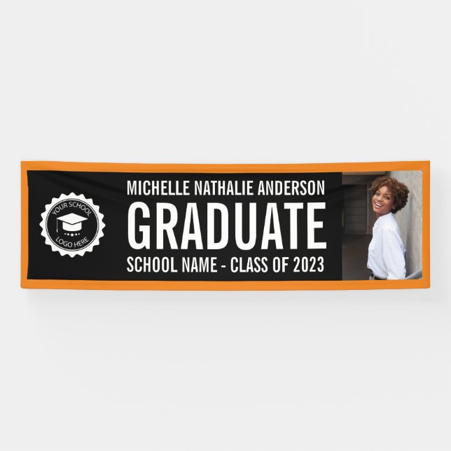 School logo Graduation Photo Party Black Orange Banner (Horizontal)