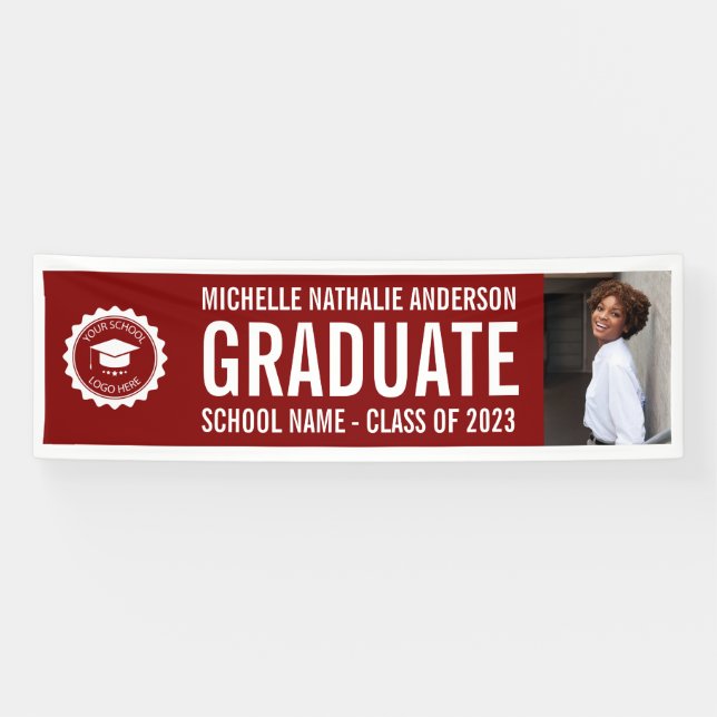 School logo Graduation Photo Party Maroon White Banner (Horizontal)