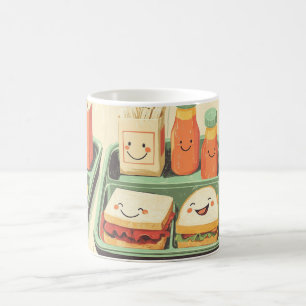 school lunch tray illustrated in a "kawaii" style coffee mug