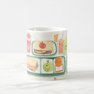 school lunch tray illustrated in a "kawaii" style  coffee mug