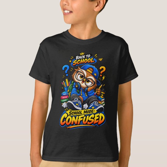 School Mode Confused Funny Back to School Owl Tee (Front)