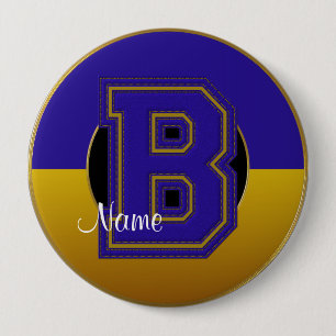 School Monogrammed Button, Blue-Gold Letter B 10 Cm Round Badge