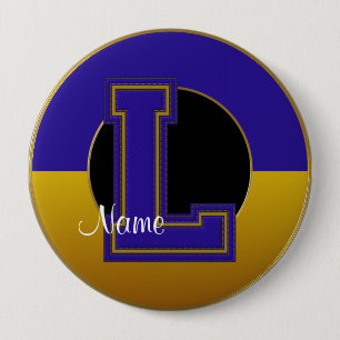 School Monogrammed Button, Blue-Gold Letter L 10 Cm Round Badge