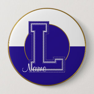 School Monogrammed Button, Blue-White Letter L 10 Cm Round Badge