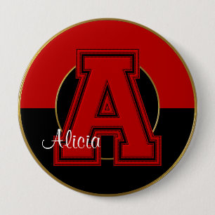 School Monogrammed Button, Red-Black Letter A 10 Cm Round Badge