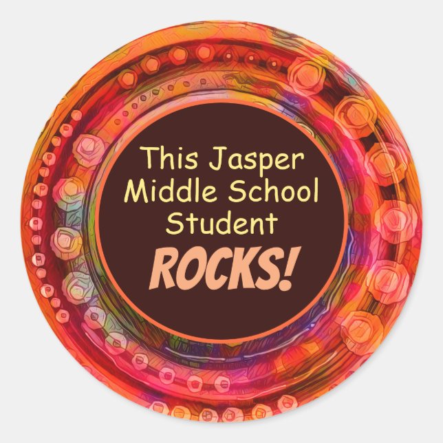 School Name Student Rocks Fun Colourful Teacher Classic Round Sticker (Front)