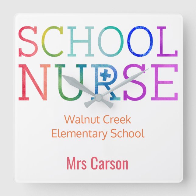 School Nurse Colourful Personalised School Square Wall Clock (Front)