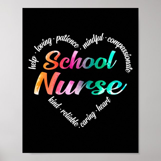 School Nurse Heart Word Cloud Watercolor Rainbow Poster (Front)