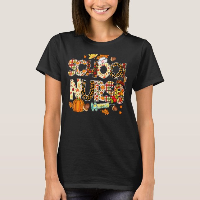 School Nurse Leopard Pilgrim Hat Fall Thanksgiving T-Shirt (Front)