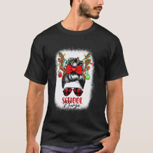 School Nurse Messy Bun Crew Christmas Matching Pjs T-Shirt