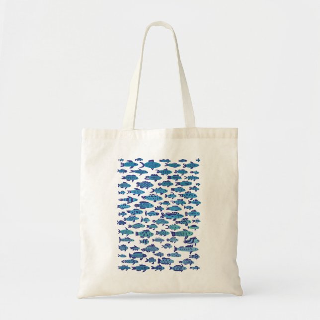 School of Blue Sardine Fish Swimming Tote Bag (Front)