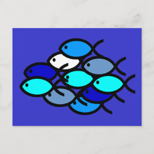 School of Christian Fish Symbols - Blue - Postcard