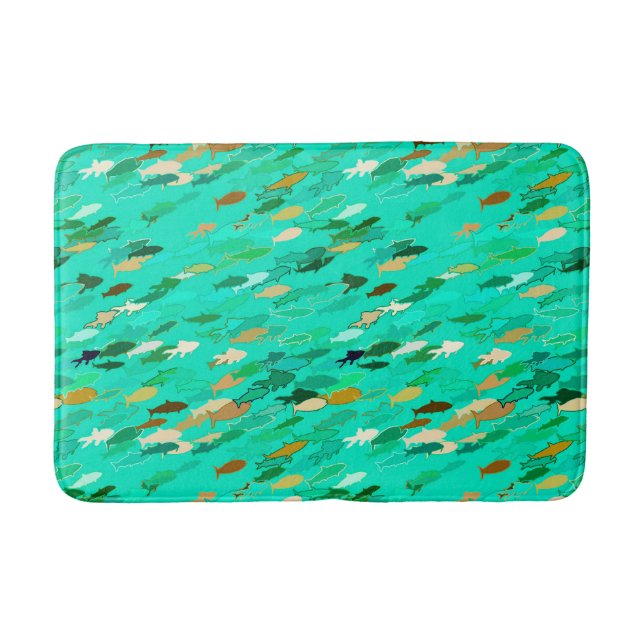School of Fish, Aqua, Green and Gold Bath Mat (Front)