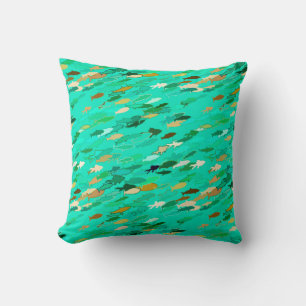 School of Fish, Aqua, Green and Gold Cushion