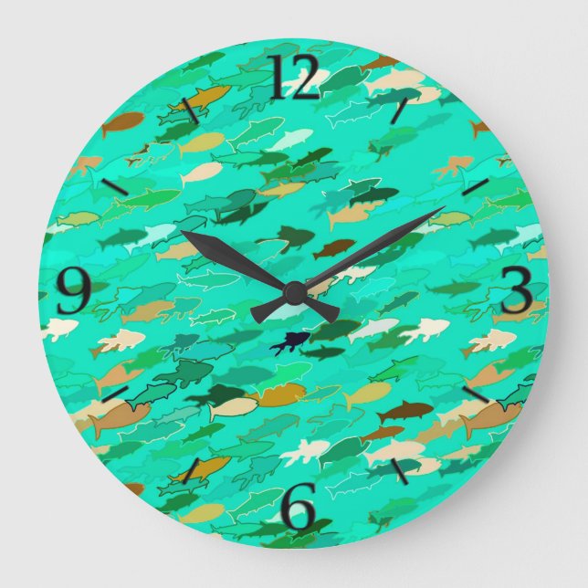 School of Fish, Aqua, Green and Gold Large Clock (Front)