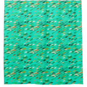School of Fish, Aqua, Green and Gold Shower Curtain