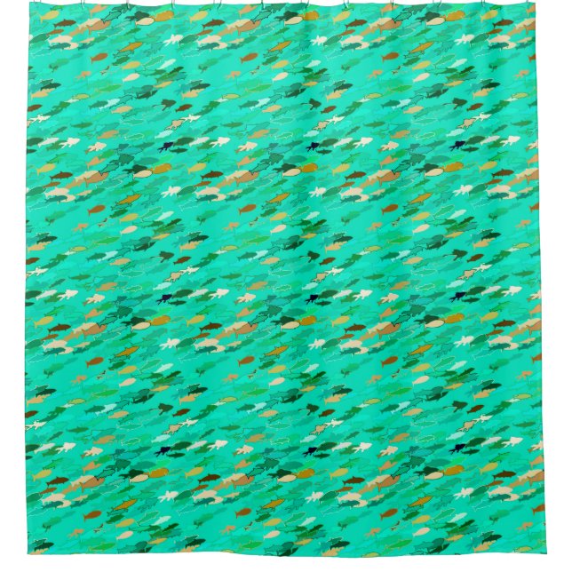 School of Fish, Aqua, Green and Gold Shower Curtain (Front)