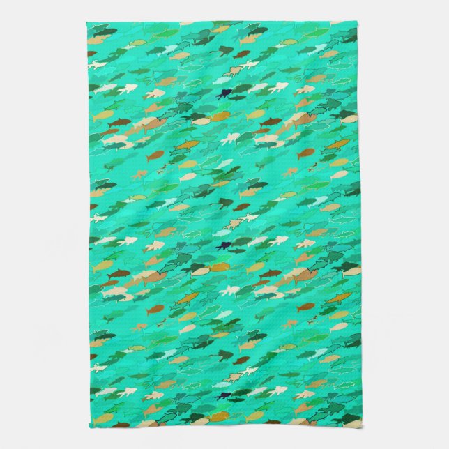 School of Fish, Aqua, Green and Gold Tea Towel (Vertical)