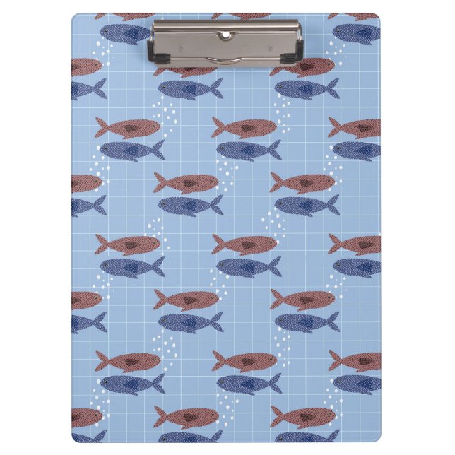 School of Fish Blue Grid Pattern Notebook Clipboard (Front)