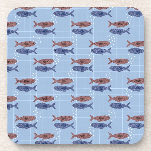 School of Fish Blue Grid Pattern Notebook Coaster (Front)
