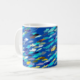 School of Fish, Dark Blue, White and Turquoise Coffee Mug