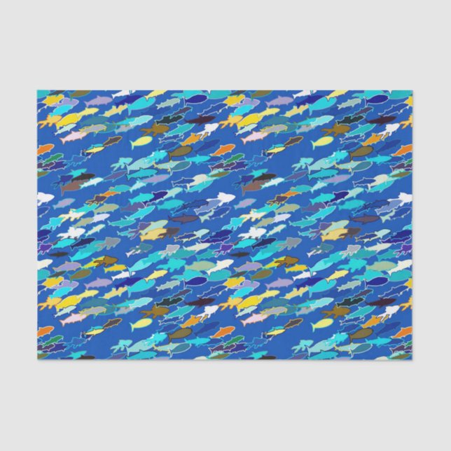 School of Fish, Dark Blue, White and Turquoise Tissue Paper (Front)