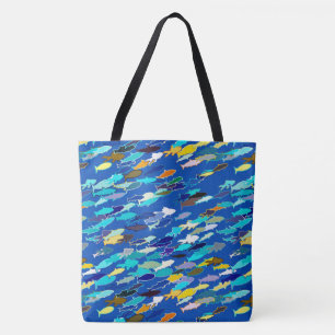 School of Fish, Dark Blue, White and Turquoise Tote Bag